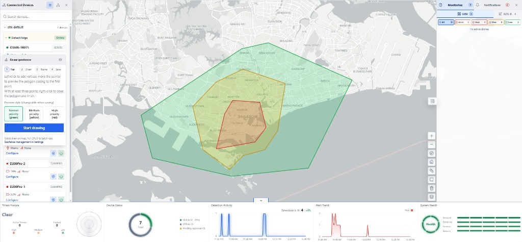 DroneSense.AI C2 System geo-fencing map with nested Normal, Medium, and High priority zones over Singapore